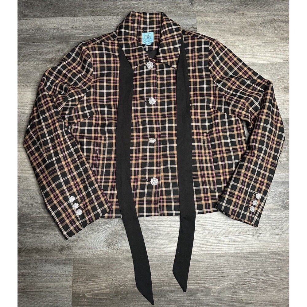 CeCe Womens Plaid Cropped Jacket Rhinestone Buttons Removable Tie Size L